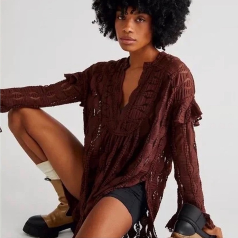 Free People Candy Shop Tunic Brown Lace Blouse